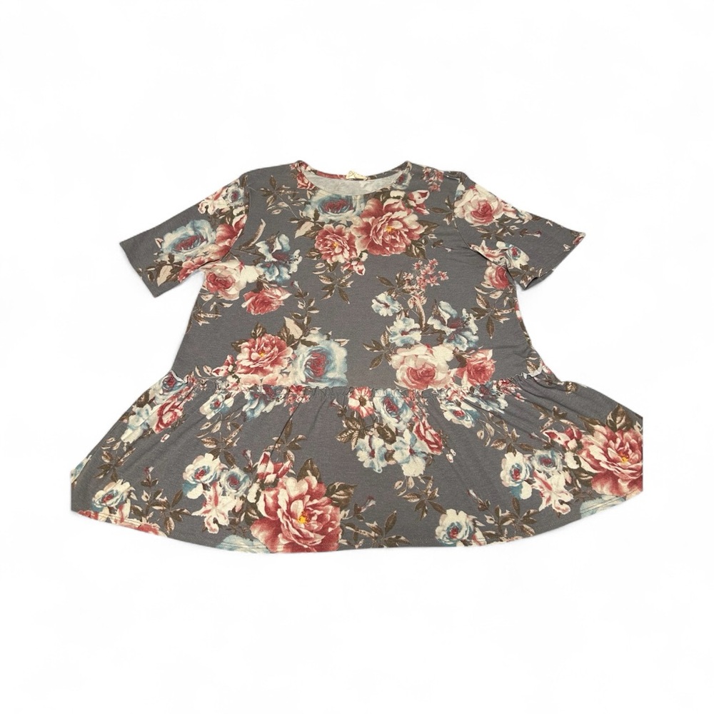 Pink and Red Peplum Blouse with 3/4 Sleeves